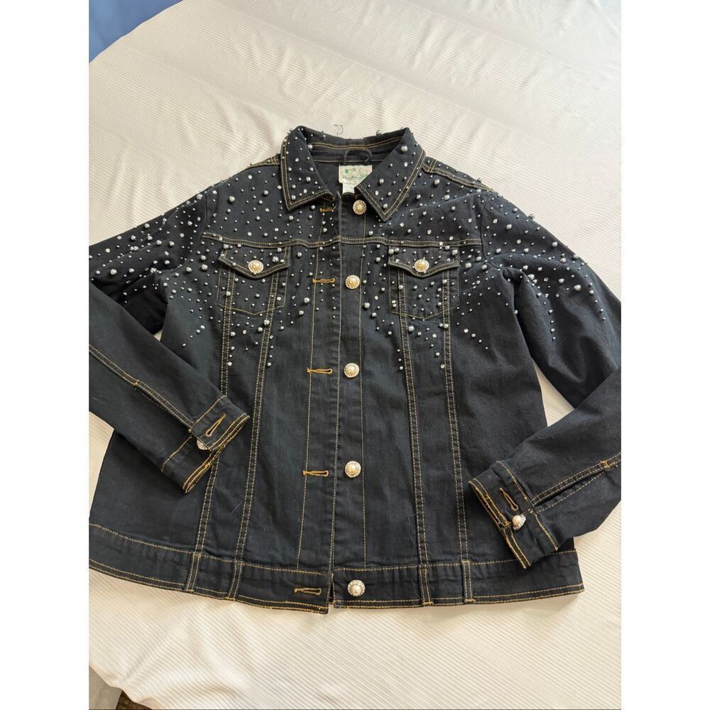 Quacker Factory Black Denim Jacket Pearl Studded Stretch Women’s Size Large
